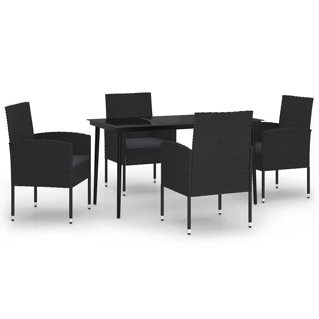 5 Piece Outdoor Dining Set Black Steel Frame Glass Table Rattan Chairs Patio