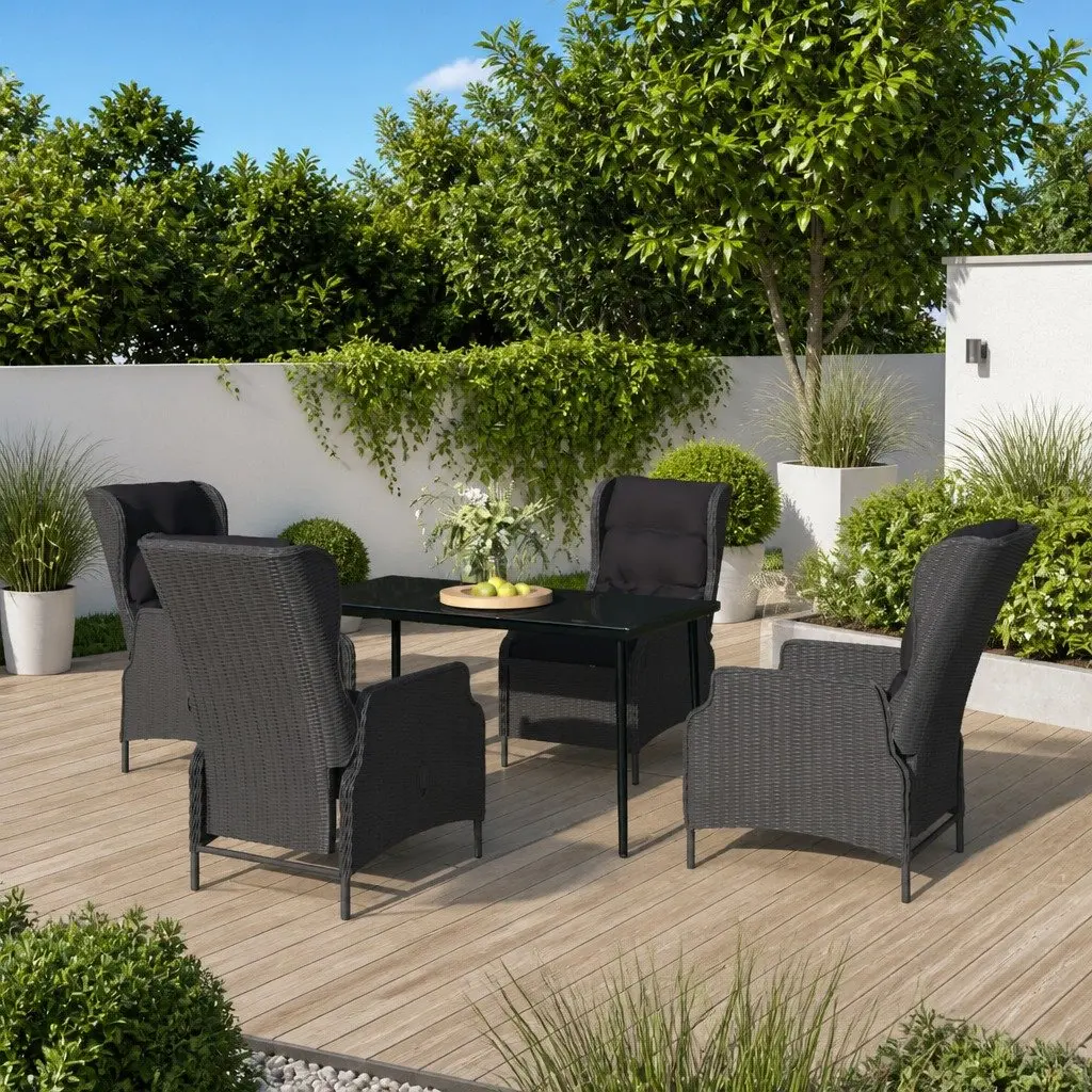 Outdoor Dining Set 5 Piece Grey Reclining Chairs Glass Top for Patios and Gardens