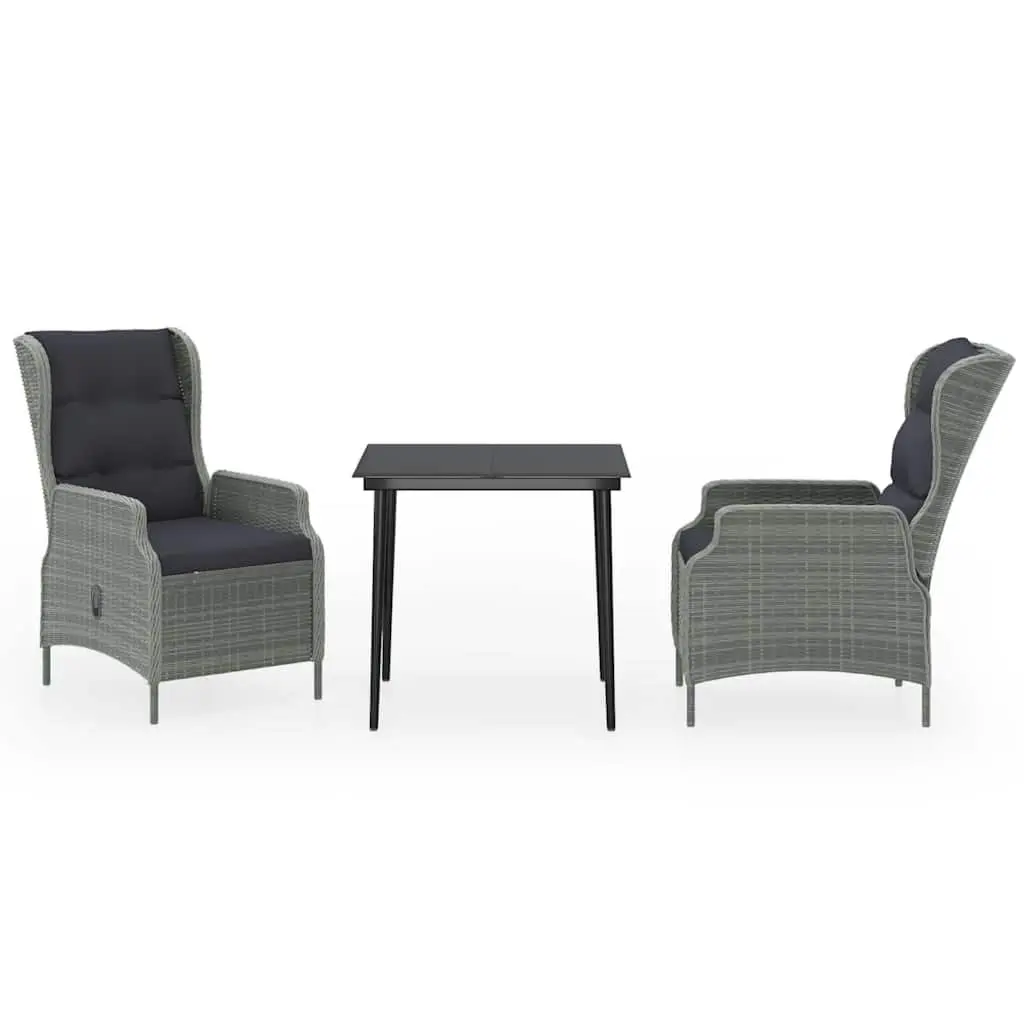 Outdoor Dining Set 3 Piece Grey Reclining Chairs Glass Tabletop Garden Furniture