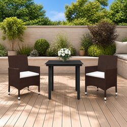 Garden Dining Set 3 Piece Outdoor Furniture Brown Rattan Chairs Glass Table