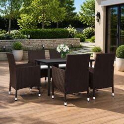 Garden Dining Set 7 Piece Outdoor Furniture Brown Rattan Chairs Glass Table
