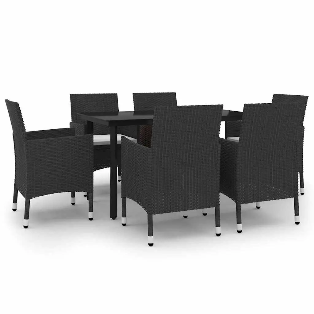 7 Piece Outdoor Dining Set Garden Furniture Black Poly Rattan Glass Table Chairs
