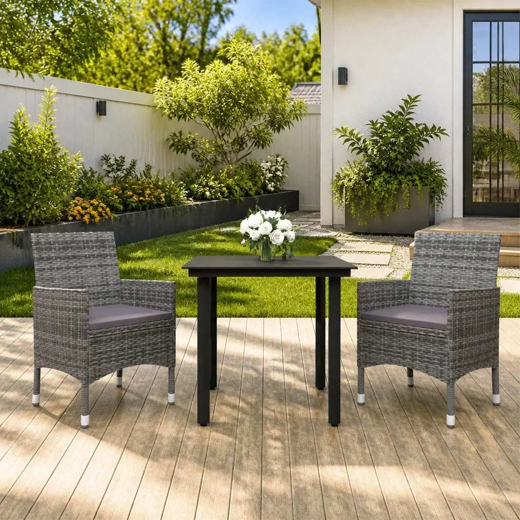 Outdoor Dining Set Grey Glass Table and Rattan Chairs 3 Piece