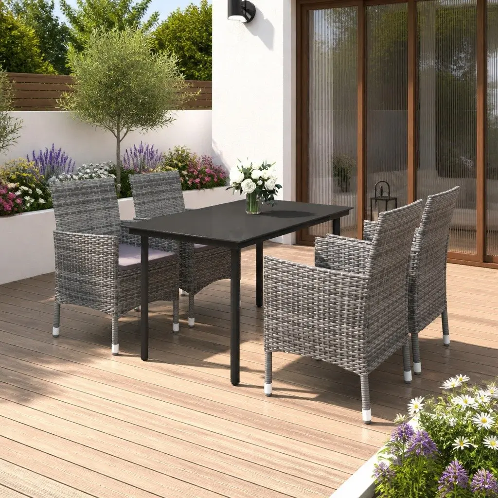 5 Piece Outdoor Dining Set Glass Table PE Rattan Chairs Garden Furniture Grey