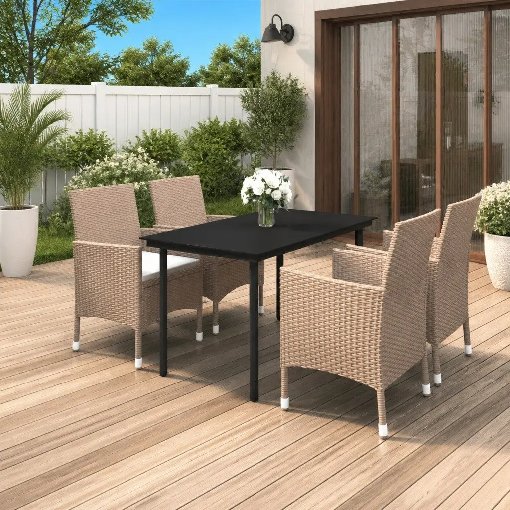 5 Piece Outdoor Rattan Dining Set with Glass Table and Beige Cushioned Chairs