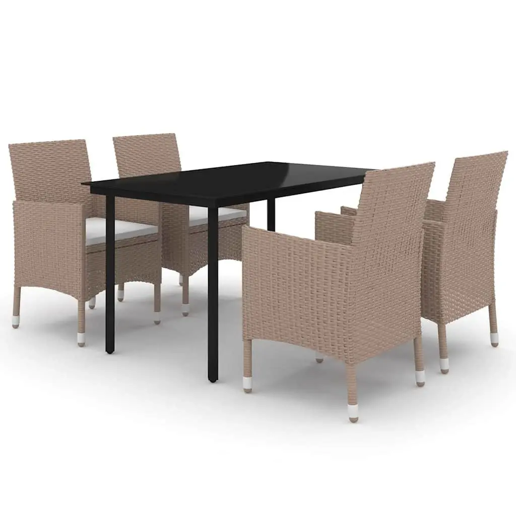 5 Piece Outdoor Rattan Dining Set with Glass Table and Beige Cushioned Chairs