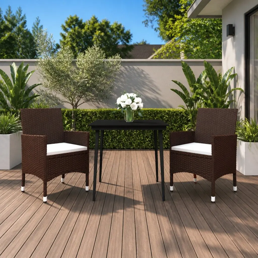 Garden Dining Set Outdoor Furniture 3 Piece Brown Poly Rattan Glass Table Chairs