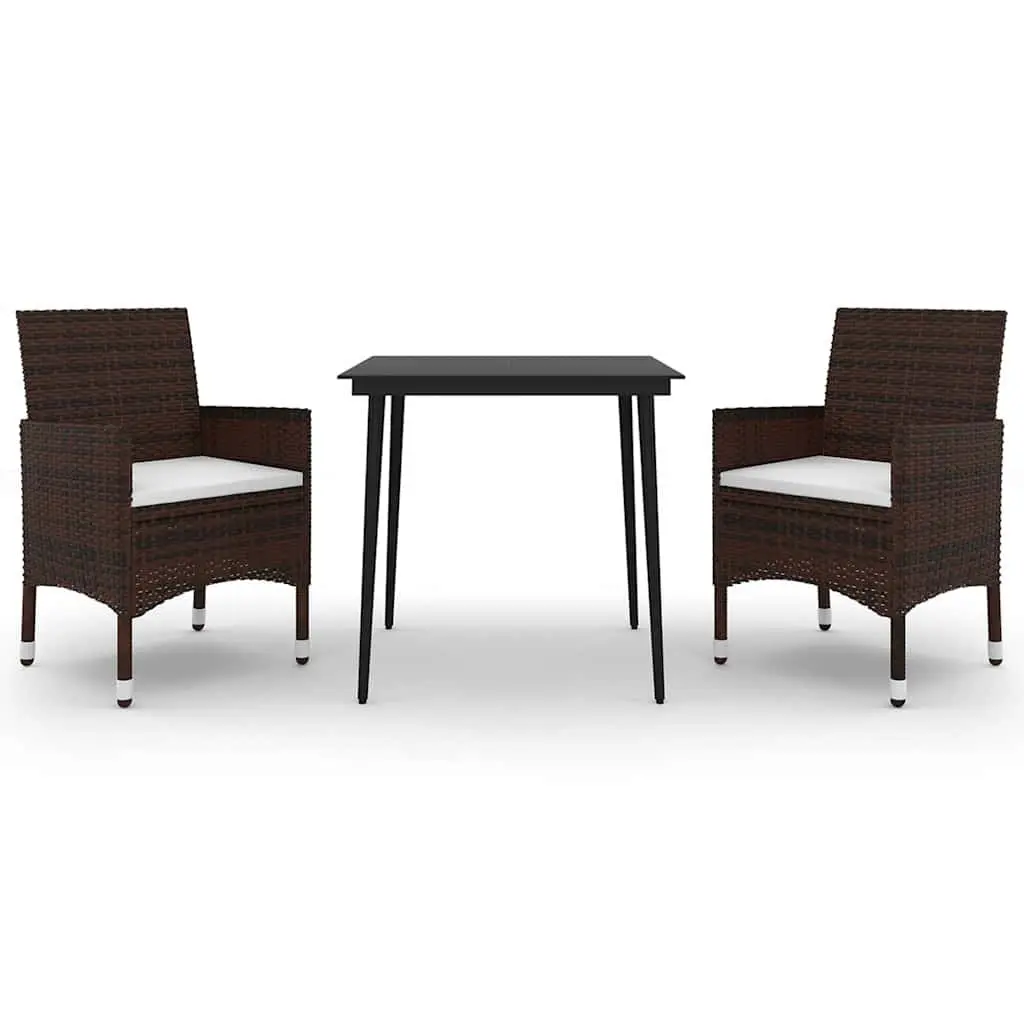 Garden Dining Set Outdoor Furniture 3 Piece Brown Poly Rattan Glass Table Chairs