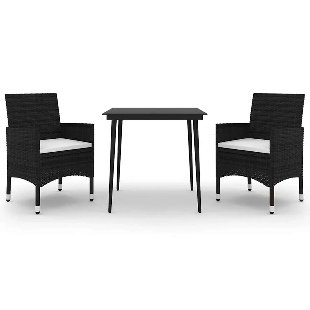 Garden Dining Set 3 Piece Outdoor Furniture Black Poly Rattan Chairs Glass Table