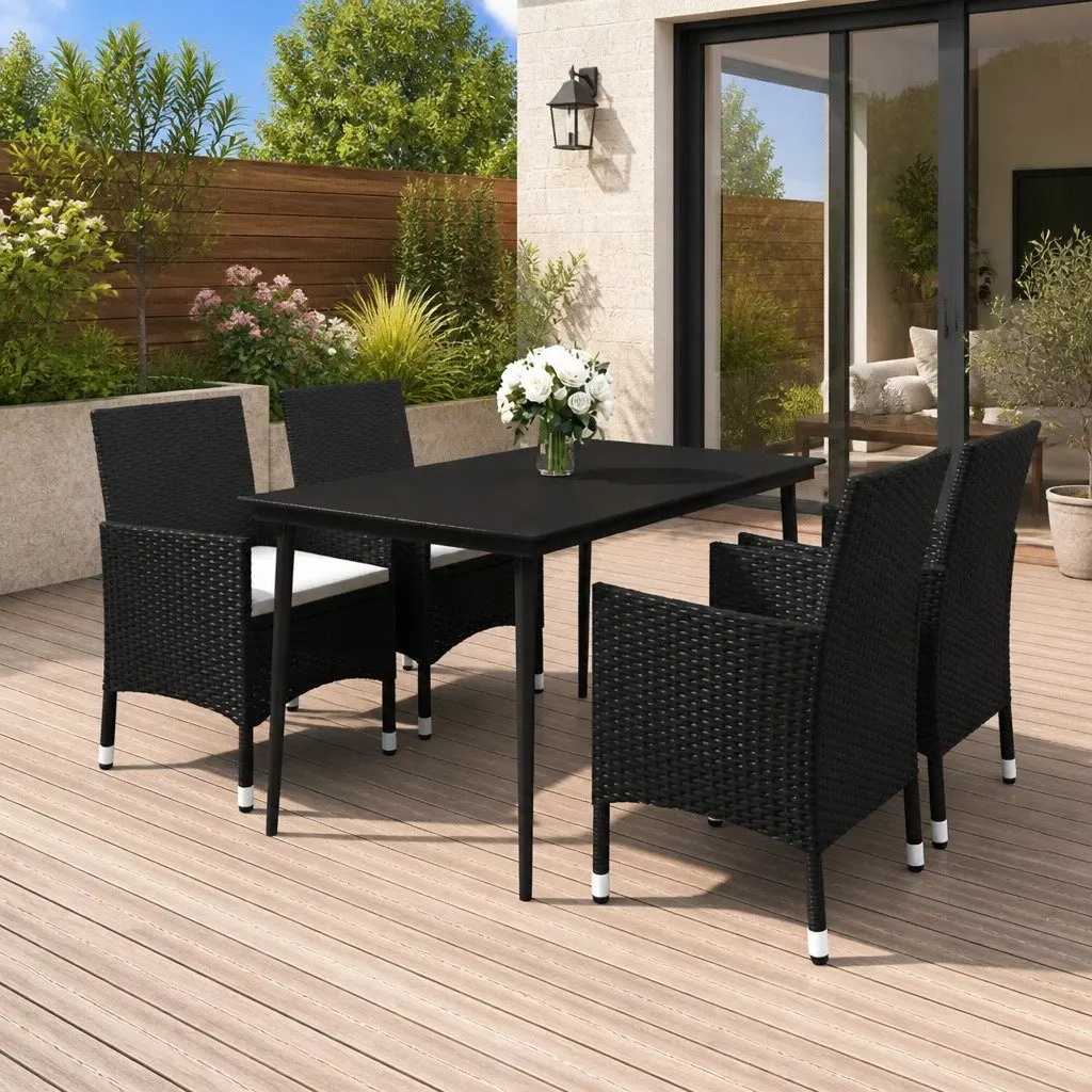 Garden Dining Set 5 Piece Outdoor Furniture Black Poly Rattan Chairs Table Glass Top
