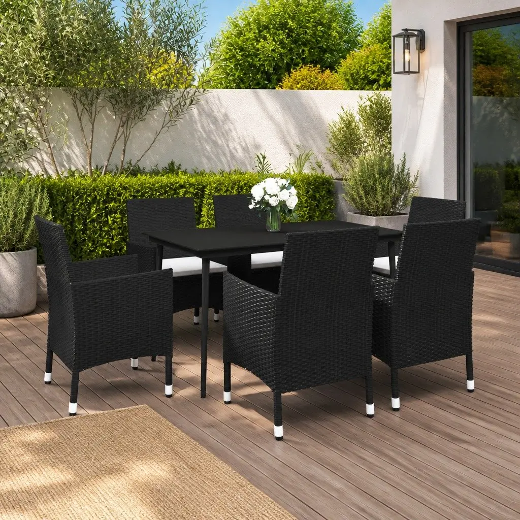 7 Piece Outdoor Dining Set Cushions Glass Table Black Poly Rattan Garden