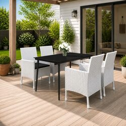 5 Piece Garden Dining Set Outdoor PE Rattan White Chairs Table Glass Cushions