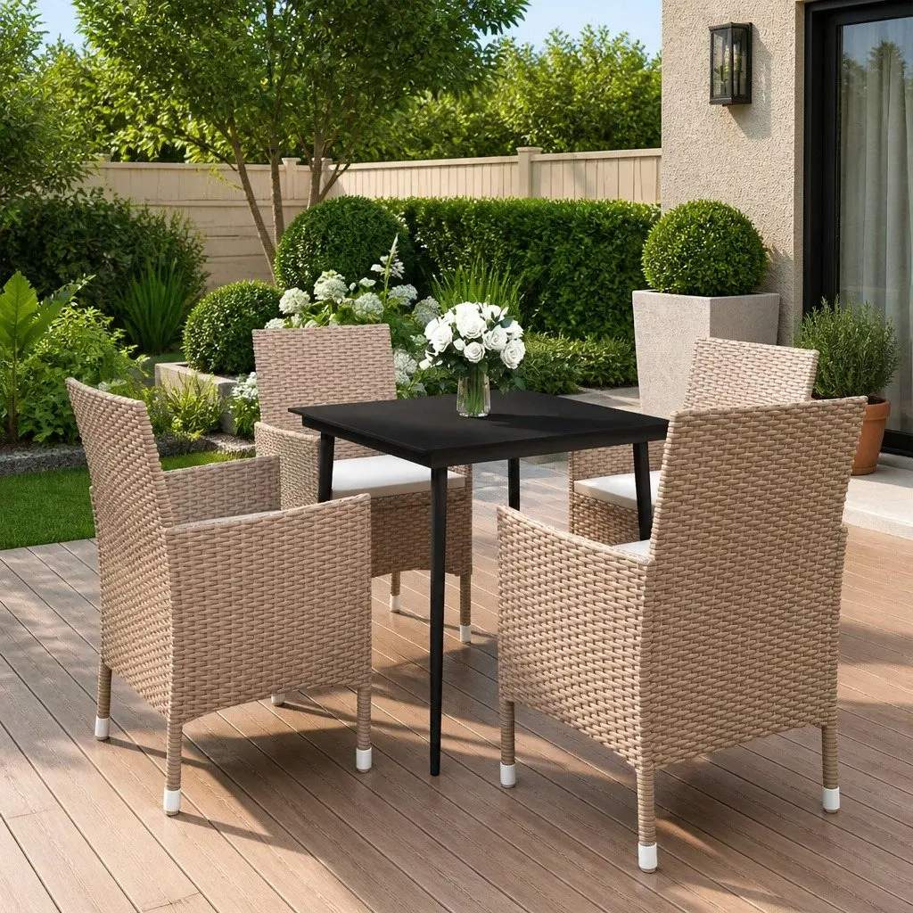 Garden Dining Set 5 Piece Outdoor Furniture Glass Table Rattan Chairs Beige