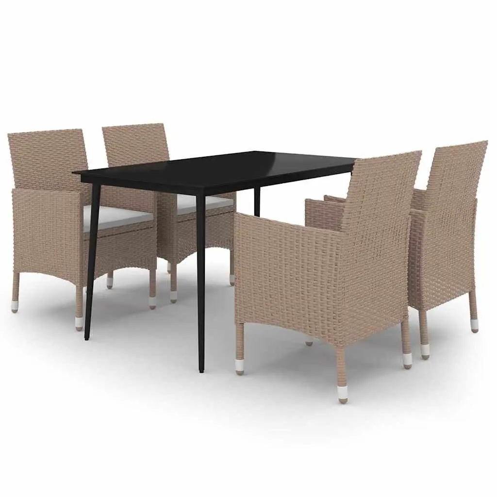 5 Piece Outdoor Dining Set Glass Table Beige Poly Rattan Chairs with Cushions