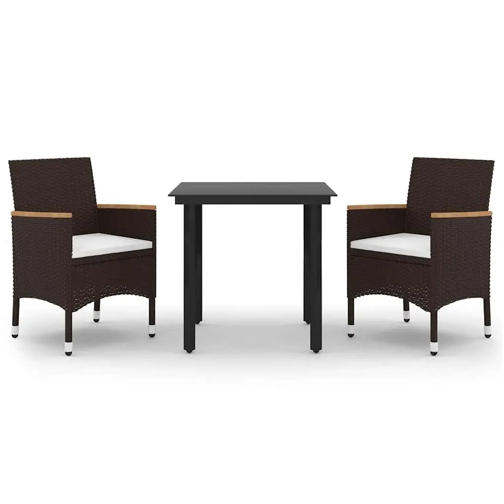 Outdoor Dining Set 3 Piece Black Garden Furniture Glass Table Poly Rattan Chairs