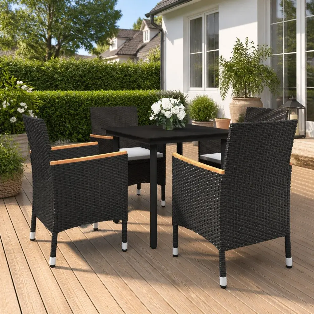 Garden Dining Set 5 Piece Outdoor Dining Table and Chairs Black Rattan Furniture