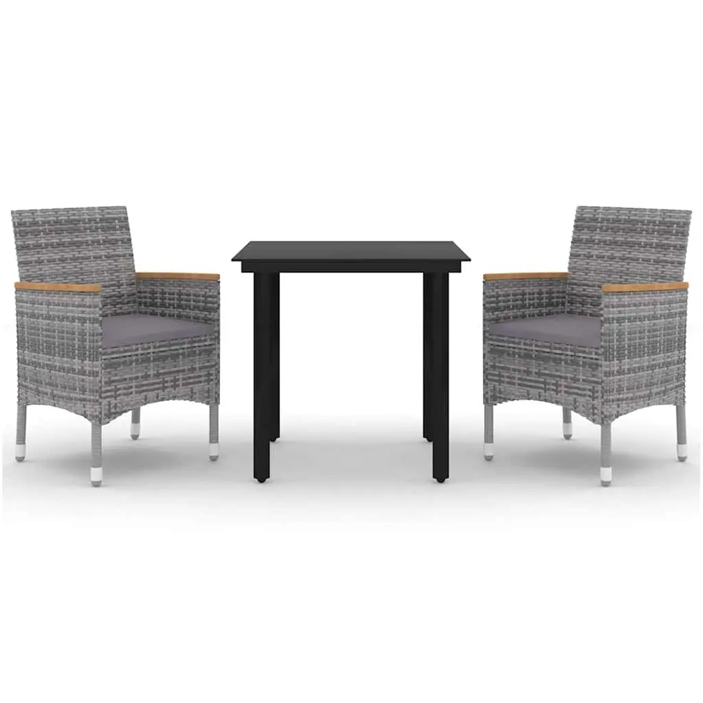 Garden Dining Set 3 Piece Outdoor Furniture Grey PE Rattan Chairs Glass Table