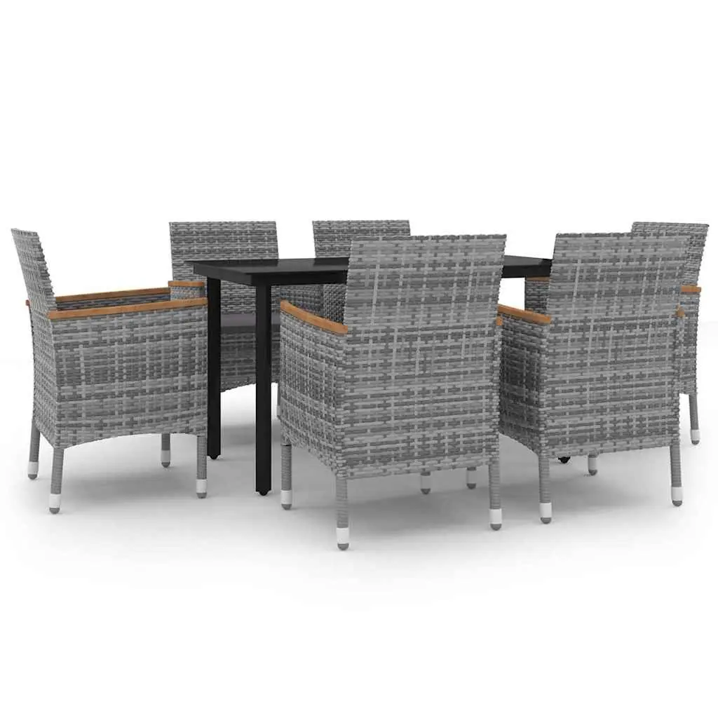 Outdoor Dining Set Grey Glass Table with Cushions 7 Piece PE Rattan Chairs Garden
