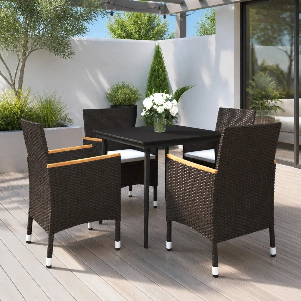 Garden Dining Set 5 Piece Outdoor Furniture Black Poly Rattan Glass Table Chairs