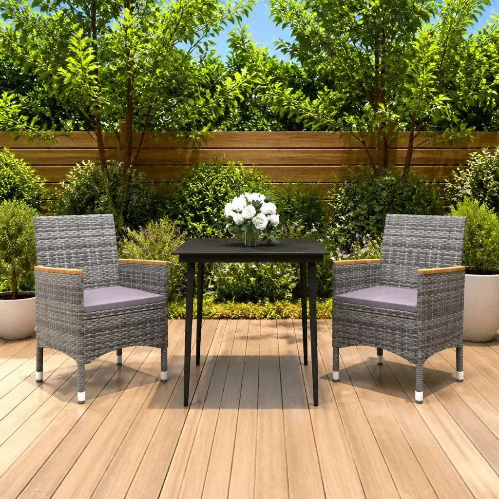 Garden Dining Set 3 Piece Outdoor Furniture Grey Poly Rattan Glass Table Chairs