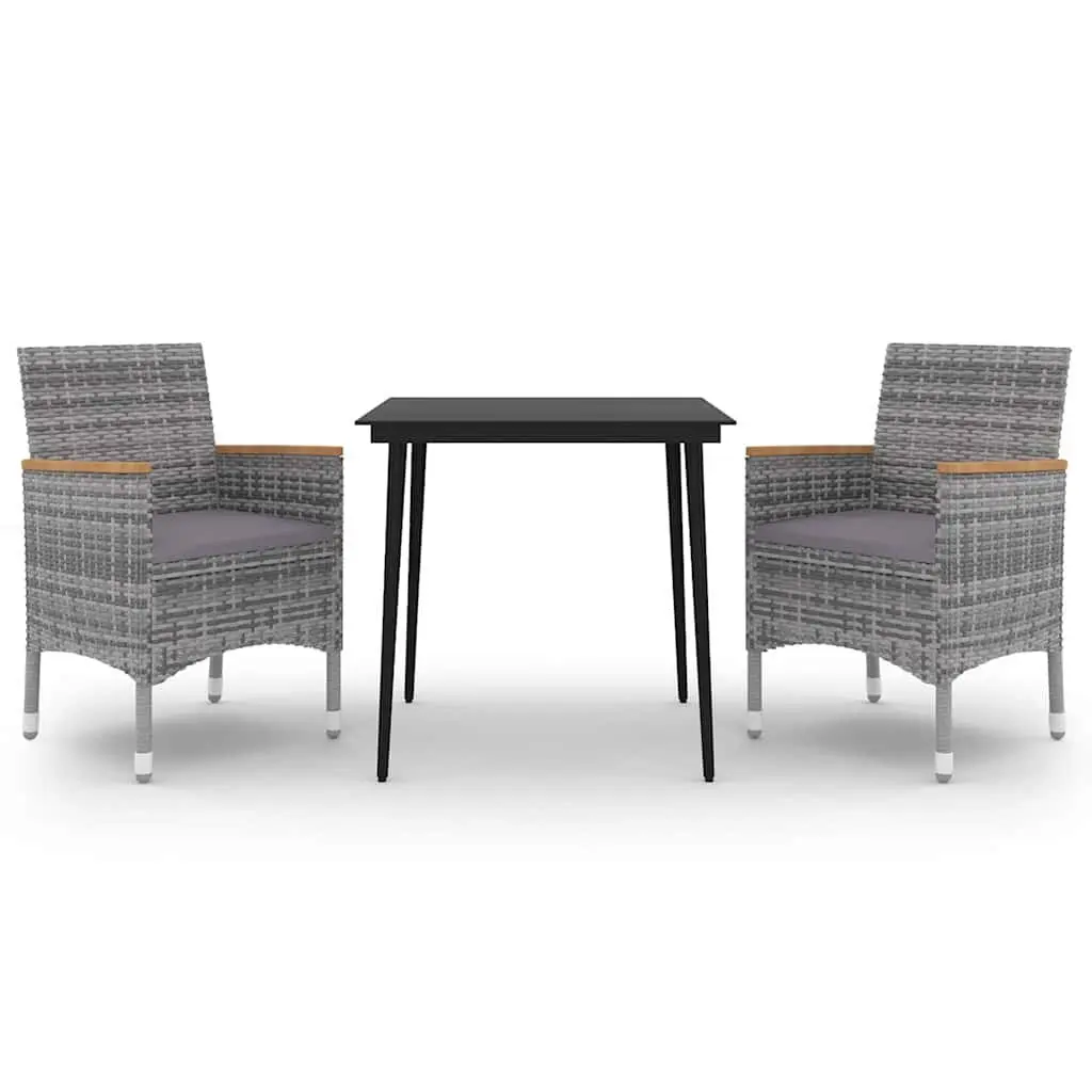 Garden Dining Set 3 Piece Outdoor Furniture Grey Poly Rattan Glass Table Chairs