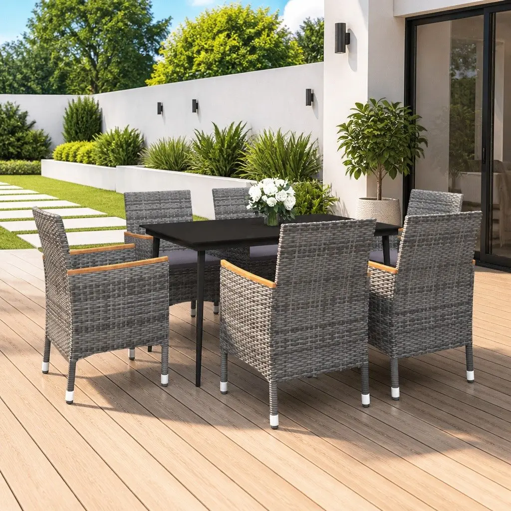 Outdoor Dining Set 7 Piece Garden Furniture Grey Poly Rattan Glass Table Chairs