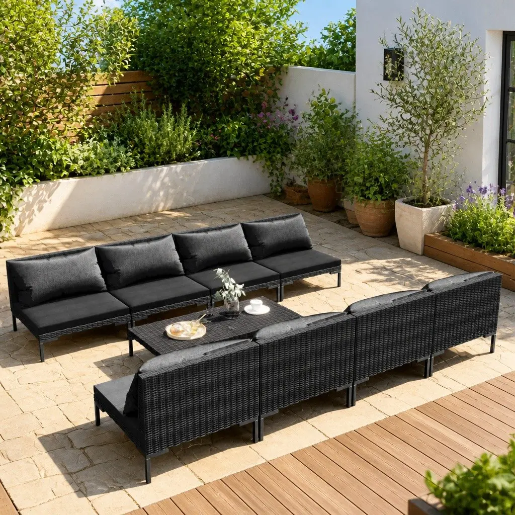 Garden Lounge Set 9 Piece Outdoor Furniture Cushions Grey Rattan