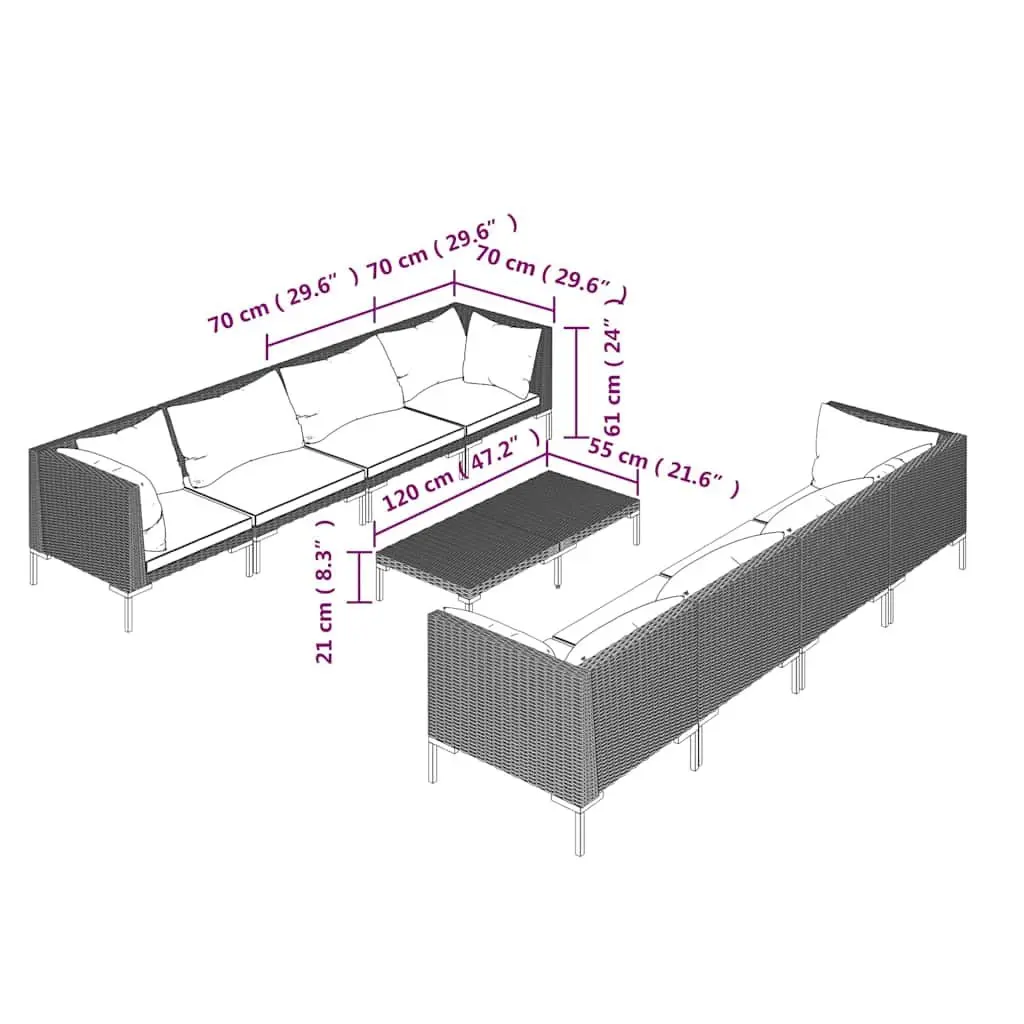 9 Piece Outdoor Garden Lounge Set Grey Patio Furniture Sofa with Cushions