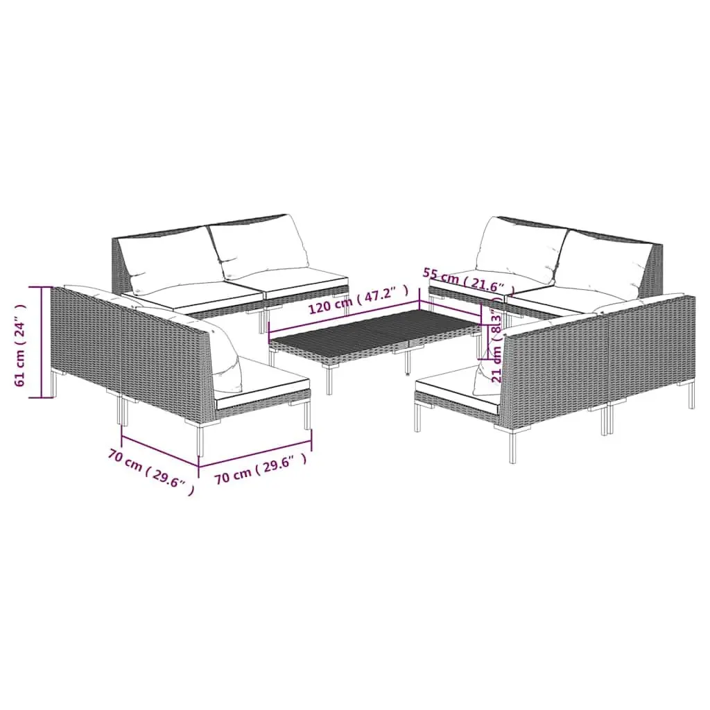 Outdoor Rattan Patio Furniture Set 9 Piece Lounge Grey with Cushions for Garden