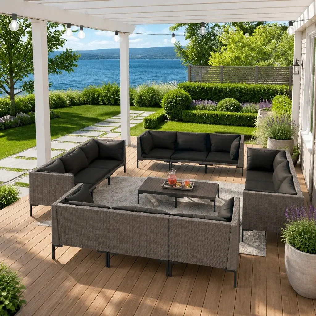 Garden Lounge Set 13 Piece Outdoor Furniture Grey PE Rattan Patio Sofa