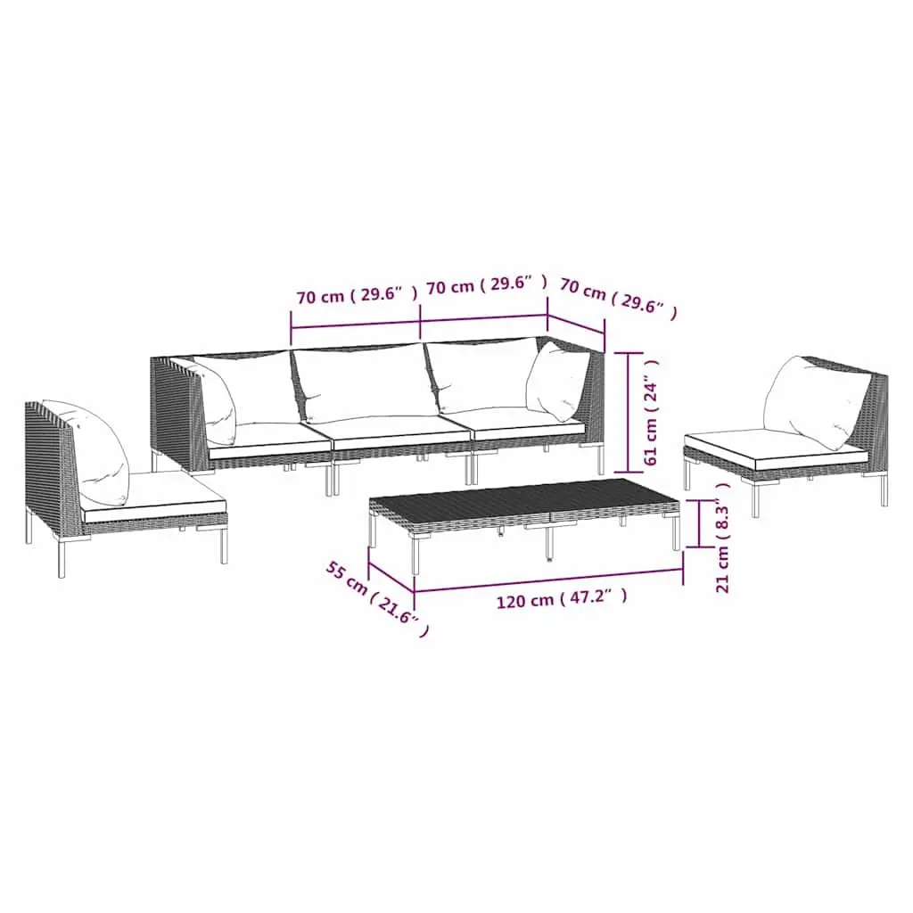 Outdoor Patio Furniture Set 6 Piece Grey Rattan Lounge Sofa with Cushions