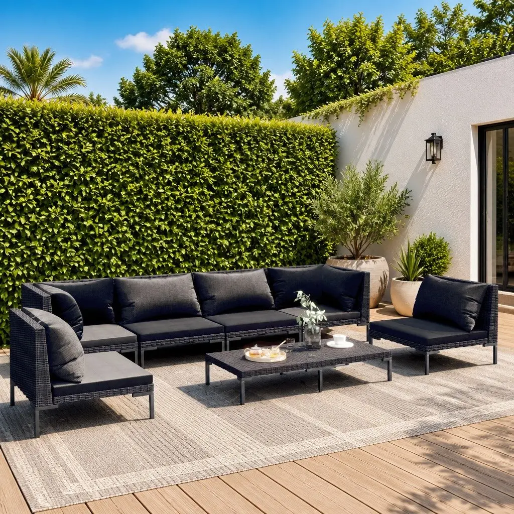 Outdoor Furniture Set 7 Piece Cushion Lounge Grey Rattan for Garden and Patio