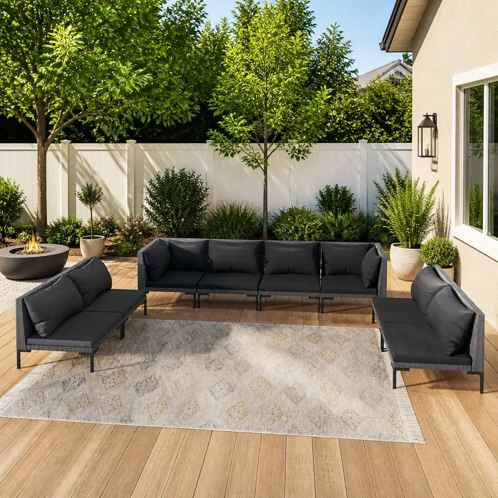 Garden Lounge Set 8 Piece Outdoor Furniture Grey PE Rattan with Cushions