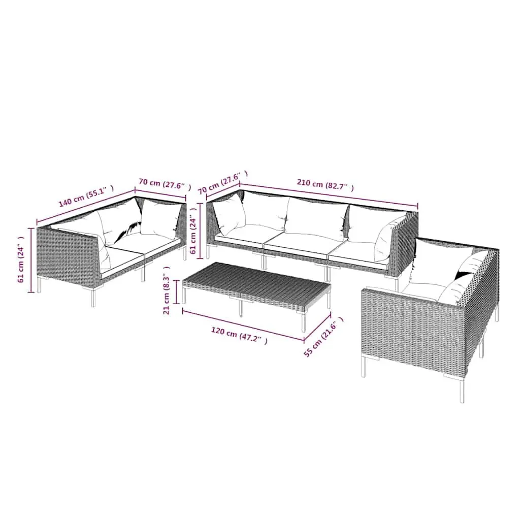 Garden Lounge Set 8 Piece Outdoor Furniture Grey Poly Rattan Patio Sofa