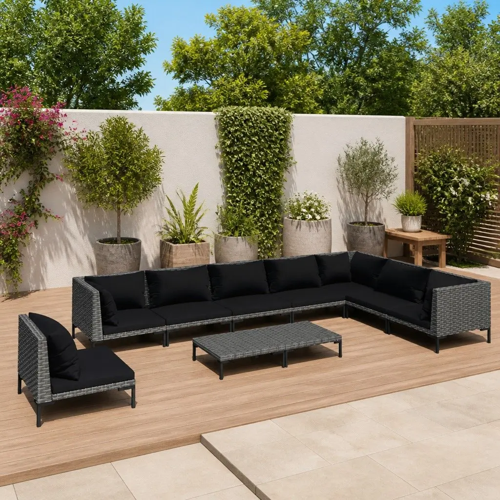 9 Piece Garden Lounge Set Outdoor Patio Furniture Cushions Grey Poly Rattan