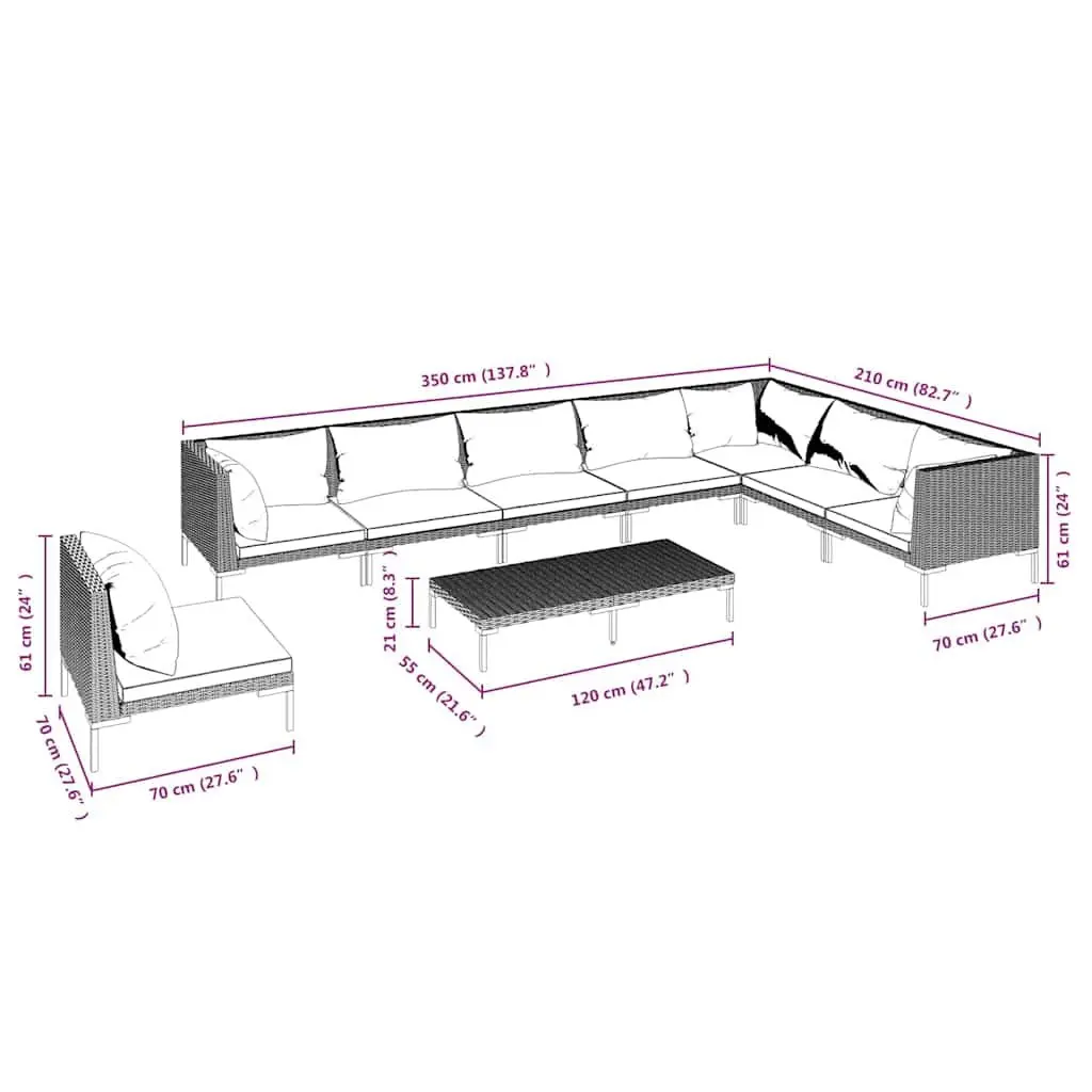 9 Piece Garden Lounge Set Outdoor Patio Furniture Cushions Grey Poly Rattan