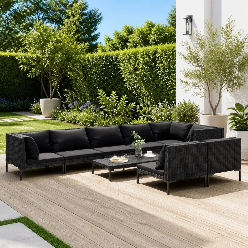 9 Piece Outdoor Furniture Set Garden Lounge Grey Rattan Sofa with Cushions