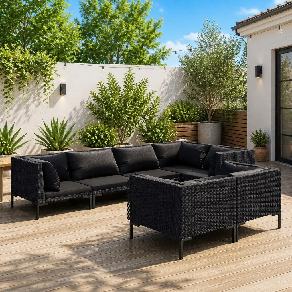 7 Piece Garden Lounge Set Outdoor Patio Furniture Cushions Grey Poly Rattan