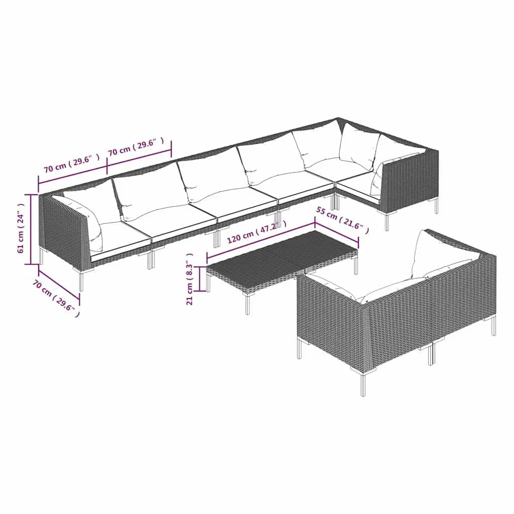 Garden Lounge Set 9 Piece Outdoor Furniture Cushions Grey Poly Rattan