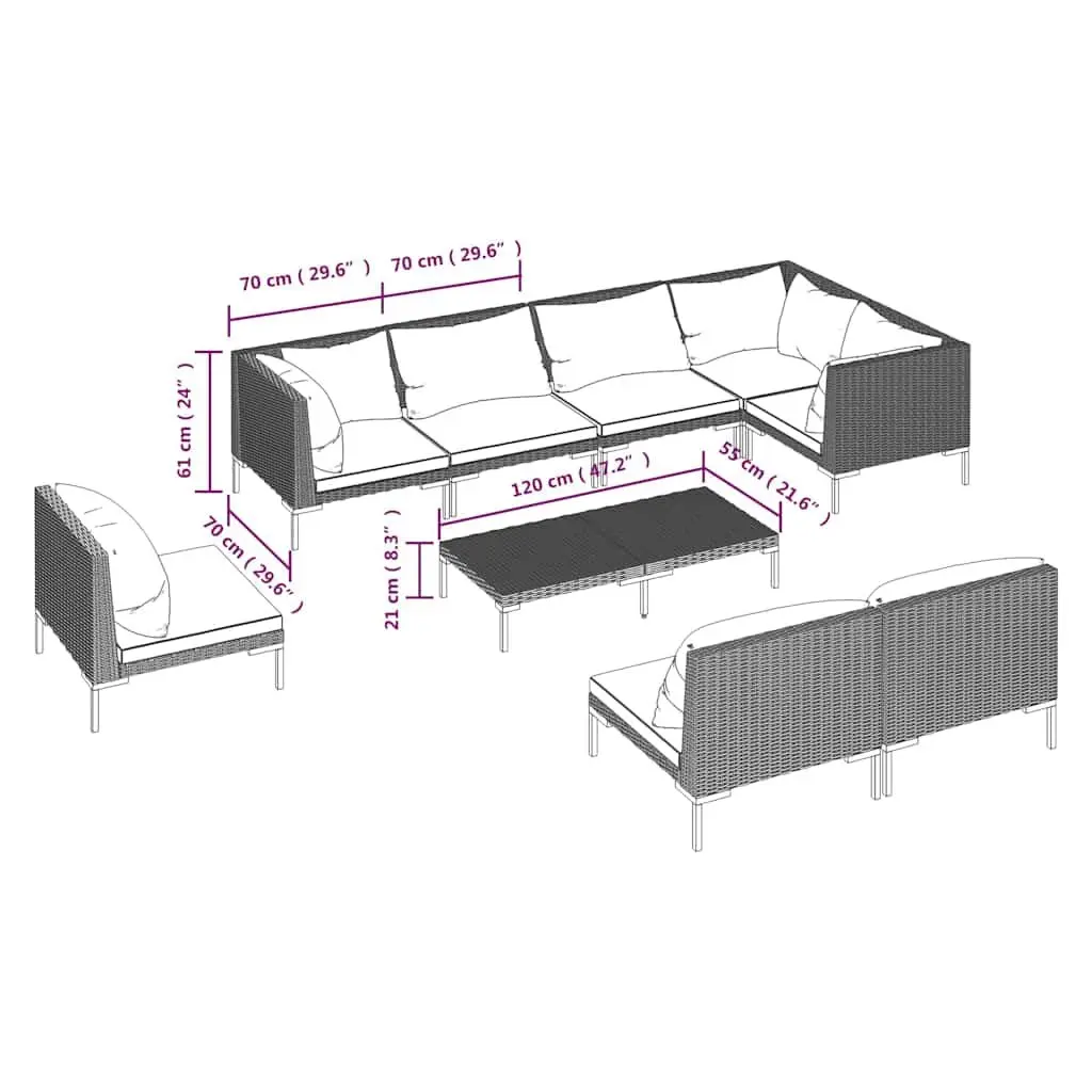 9 Piece Garden Lounge Set Outdoor Patio Furniture Rattan Grey