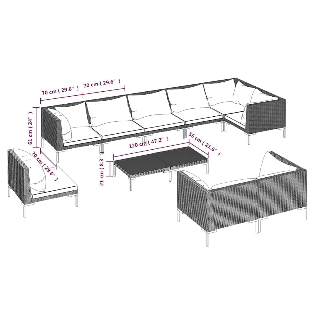 Garden Lounge Set 10 Piece Outdoor Patio Furniture Cushions Grey Rattan