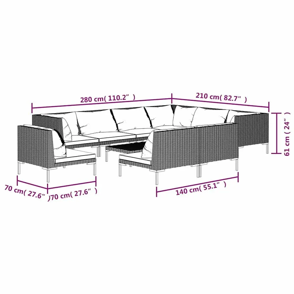 Outdoor Furniture Set 10 Piece Grey Relaxation Cushions Poly Rattan Garden Lounge