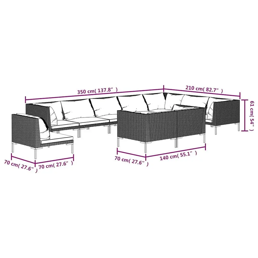Outdoor Furniture Patio Set 10 Piece Grey PE Rattan Garden Lounge Sofa with Powder Coated Steel Frame