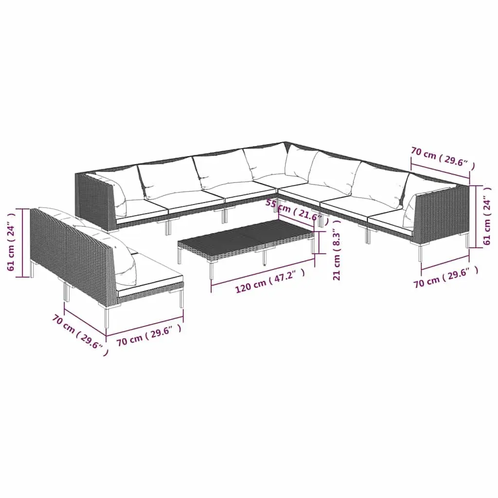 10 Piece Garden Lounge Set Outdoor Patio Furniture Grey Poly Rattan with Cushions