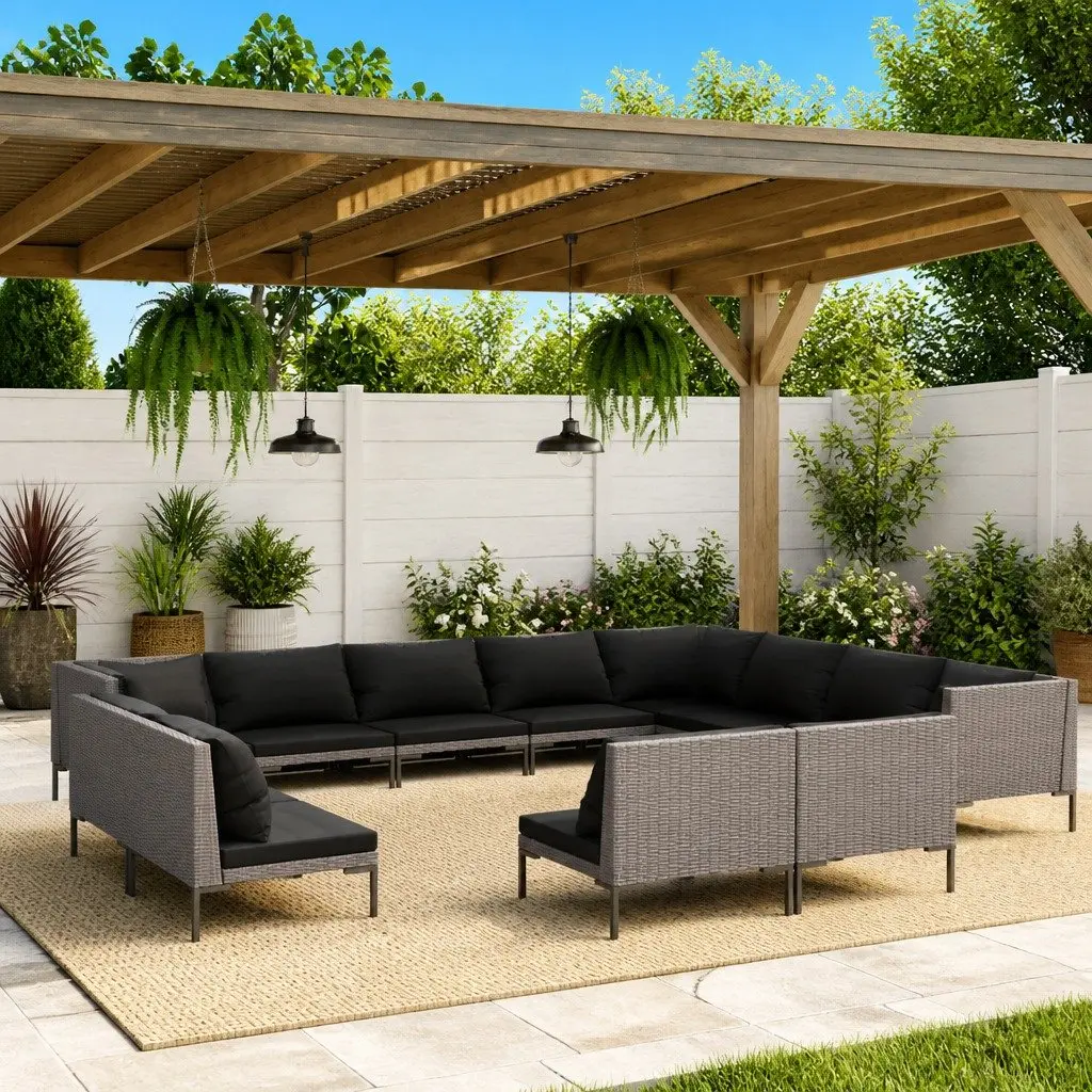 Garden Lounge Set 12 Piece Outdoor Patio Furniture Grey PE Rattan
