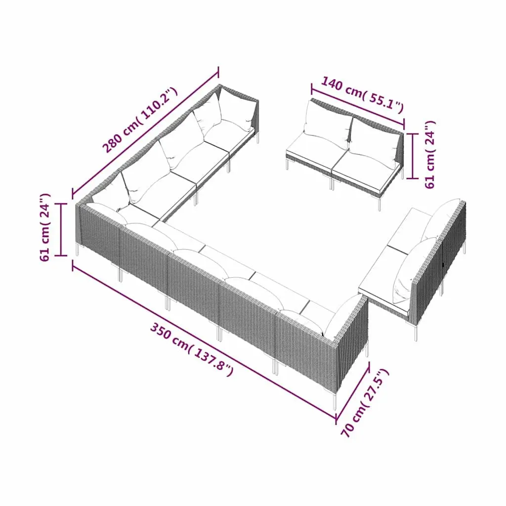 Garden Lounge Set 12 Piece Outdoor Patio Furniture Grey PE Rattan