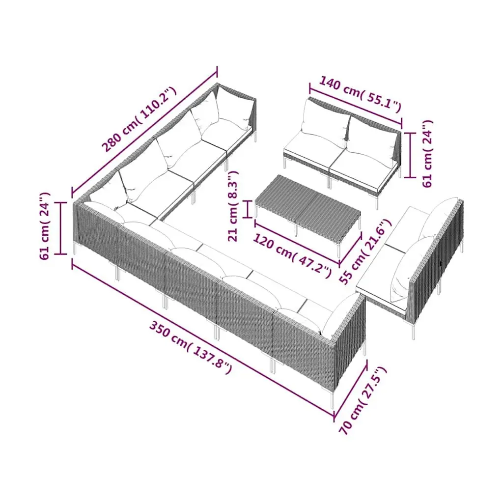 Outdoor Lounge Set 13 Piece Patio Furniture Grey Cushions PE Rattan with Powder Coated Steel Frame