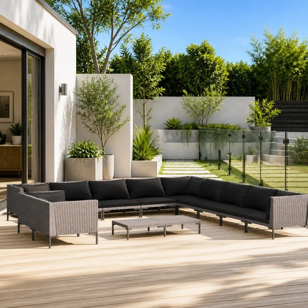 Outdoor Patio Furniture Set 12 Pieces Garden Lounge Rattan Sofa with Cushions Grey