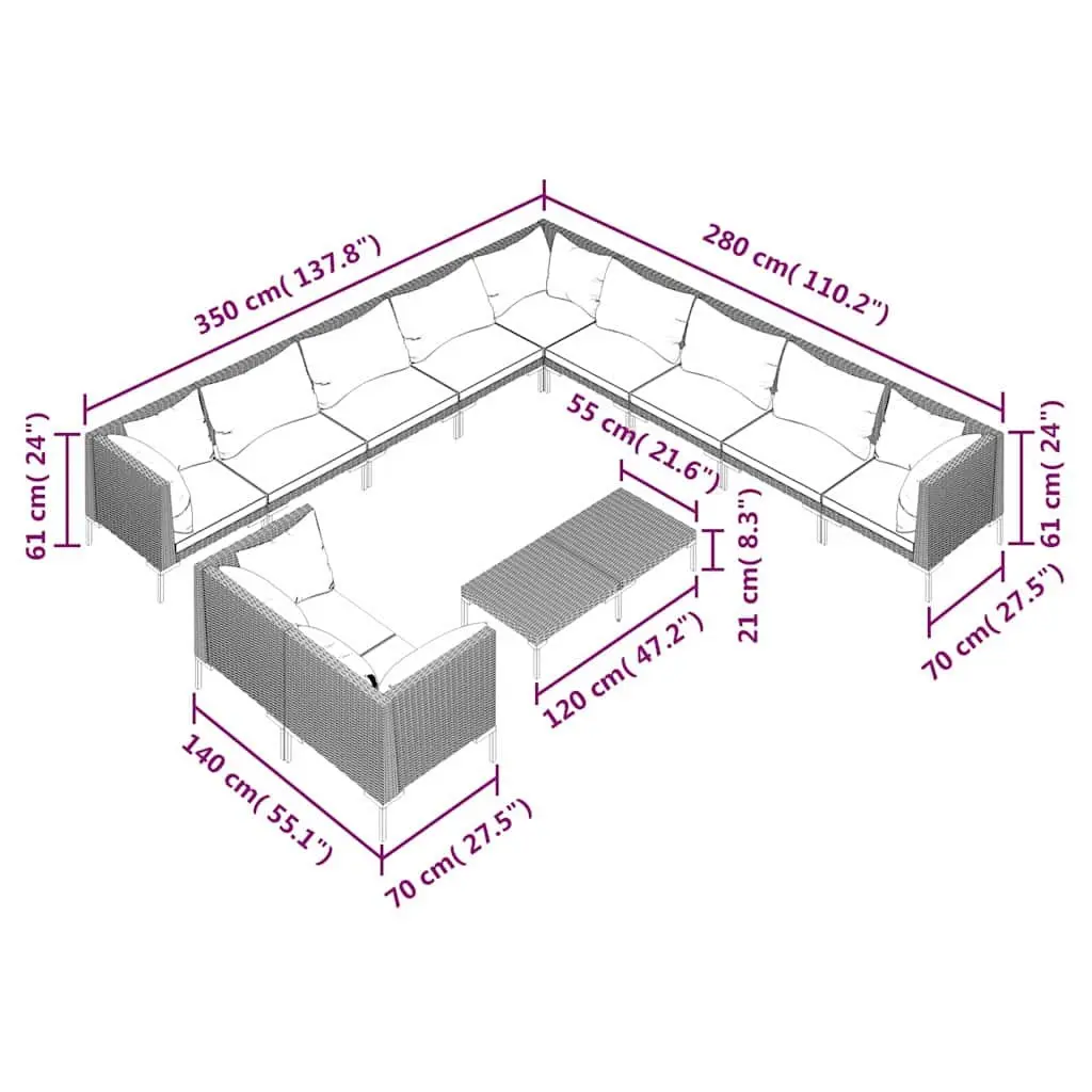Outdoor Patio Furniture Set 12 Pieces Garden Lounge Rattan Sofa with Cushions Grey