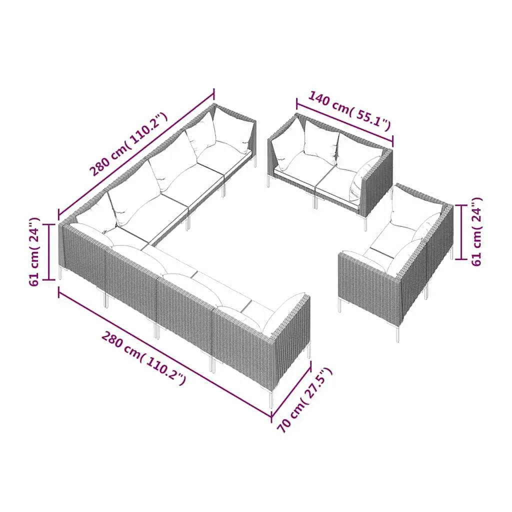 Garden Lounge Set 11 Piece Outdoor Furniture Grey Cushions